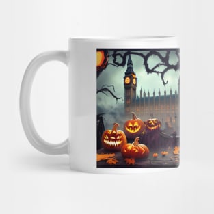 A group of pumpkins with faces carved into them sitting in front of a castle Mug